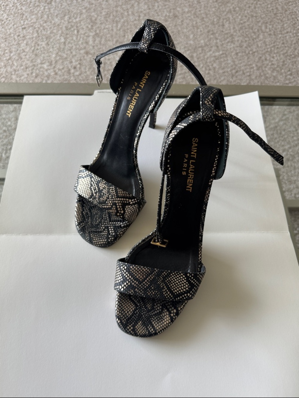 Saint Laurent Black and Silver Snakeskin Ankle-Strap Heels